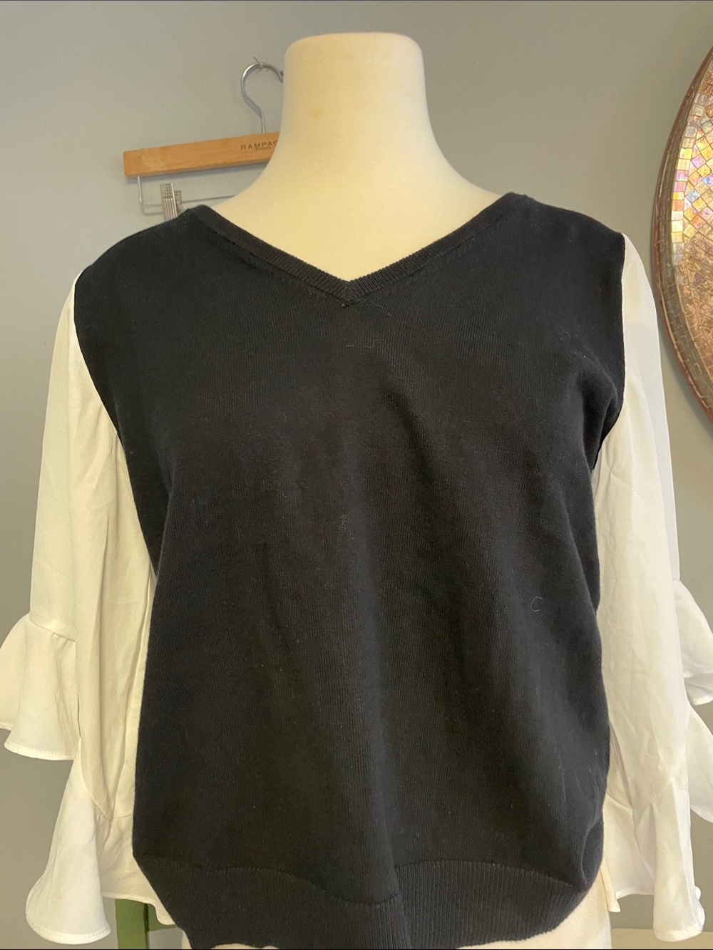 CeCe Black V-Neck Pullover with White Layered Ruffle Sleeves